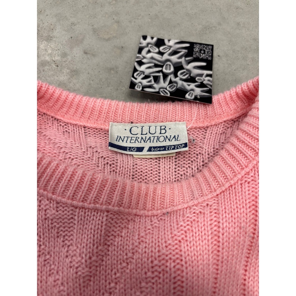 Club International Pink Diamond Cable Knit Crewneck Sweater Mens Large Vintage - Picture 2 of 4